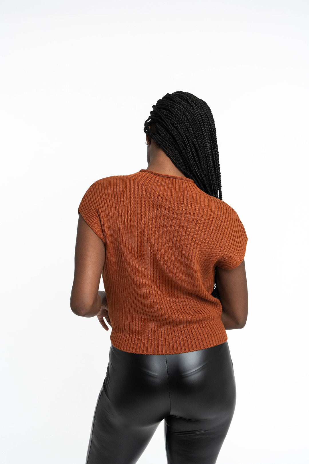 Angela: Sustainable Cap Sleeve Mock Neck Ribbed Sweater